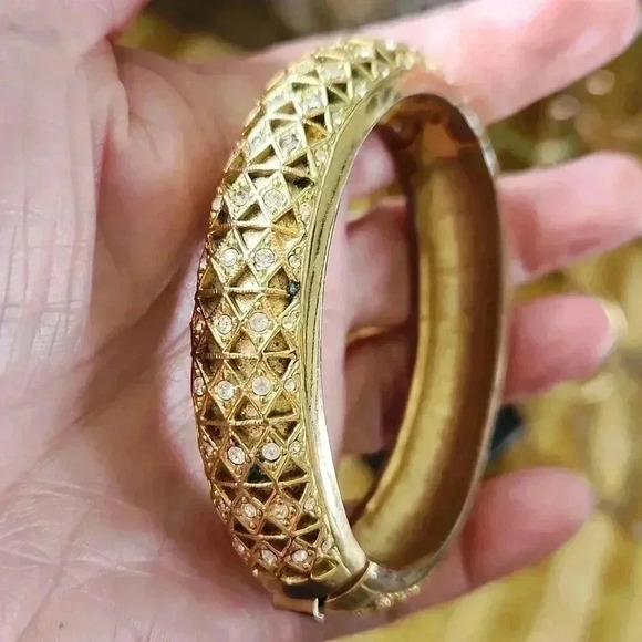 Goldtone Rhinestone Bangle Statement Bracelet - Picture 5 of 9